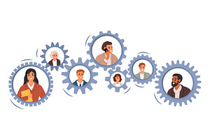 Gears with people face icons. Men, a Person Illustration by Vectorbuum