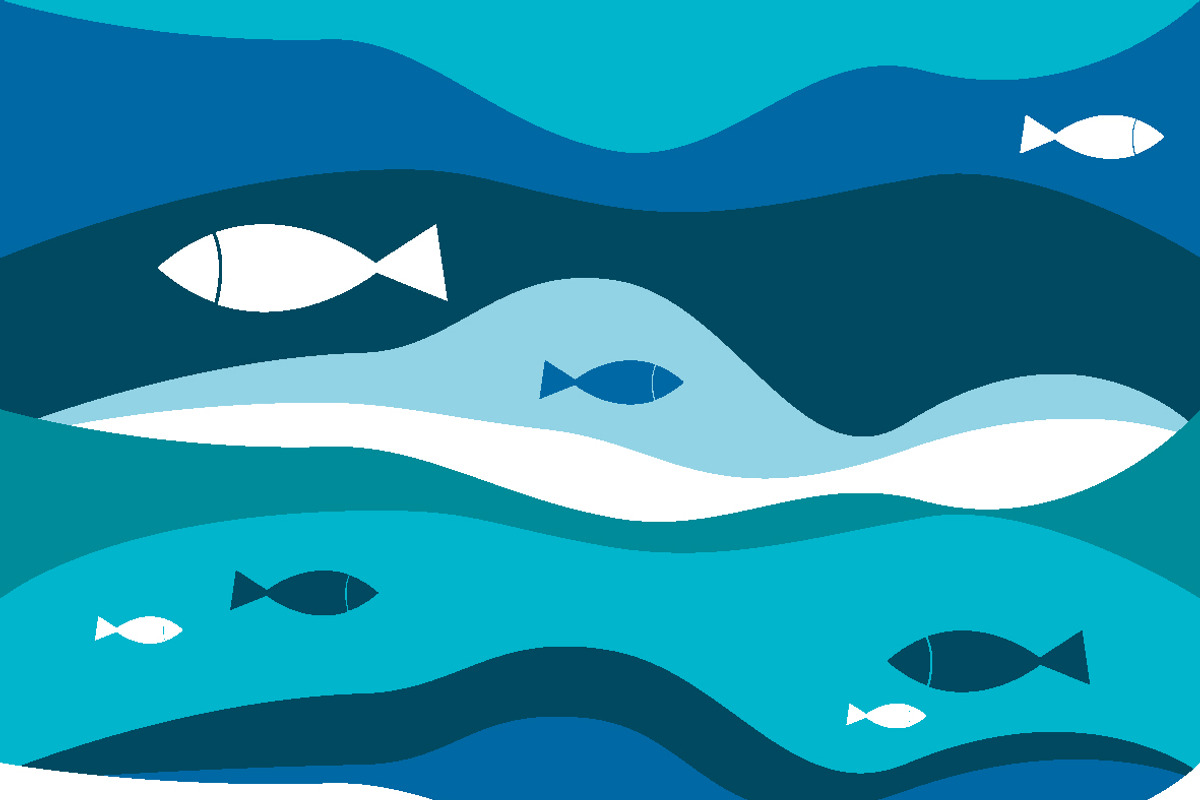 Blue waves with fishes pattern, a Decorative Illustration by kaskadesign