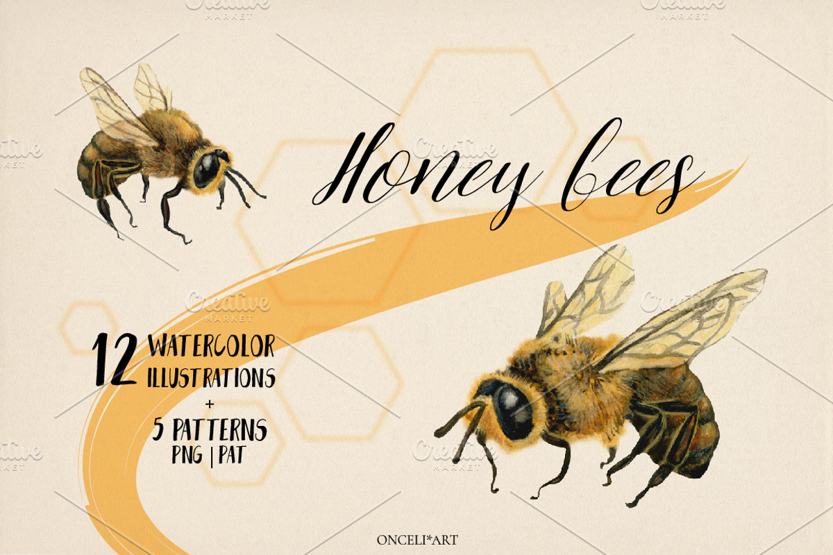 Watercolor honey bees, an Illustration by Onceli*art (Photo 1 of 7)