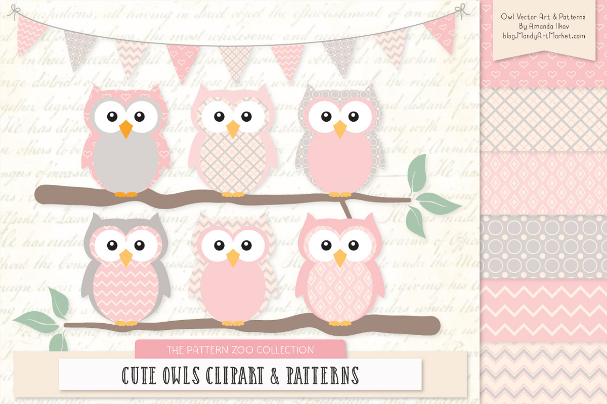 Owls Clipart & Patterns in Soft Pink, an Animal Illustration by Amanda Ilkov (Photo 1 of 4)