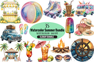 Watercolor Summer Clipart Bundle, an Illustration by Pixels.Craft