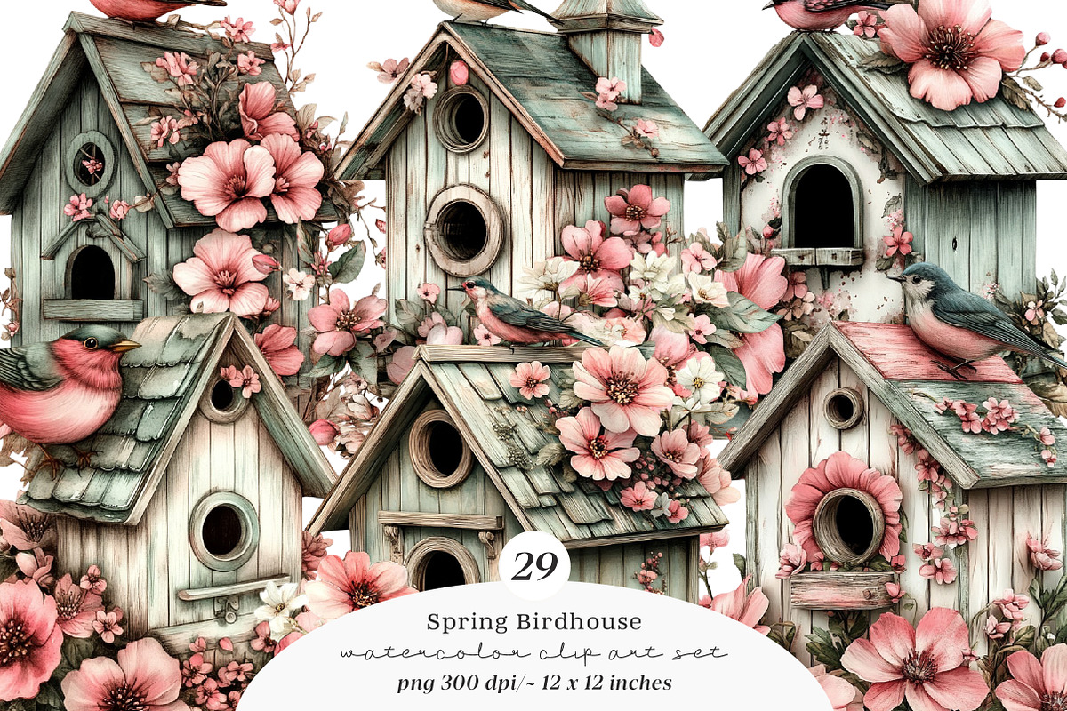 Whimsical Spring Birdhouse Clipart, an Illustration by SinaCreation (Photo 1 of 11)
