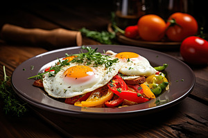 Fried eggs with vegetables and herbs in plate on wooden background, a Food & Drink Photo by AlyaAnd