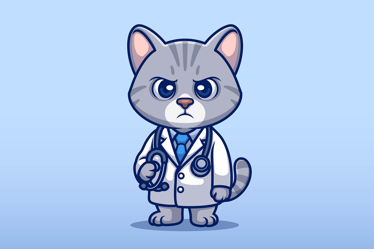 Serious Cat Doctor Cartoon Character, an Animal Illustration by Gumrega Studio