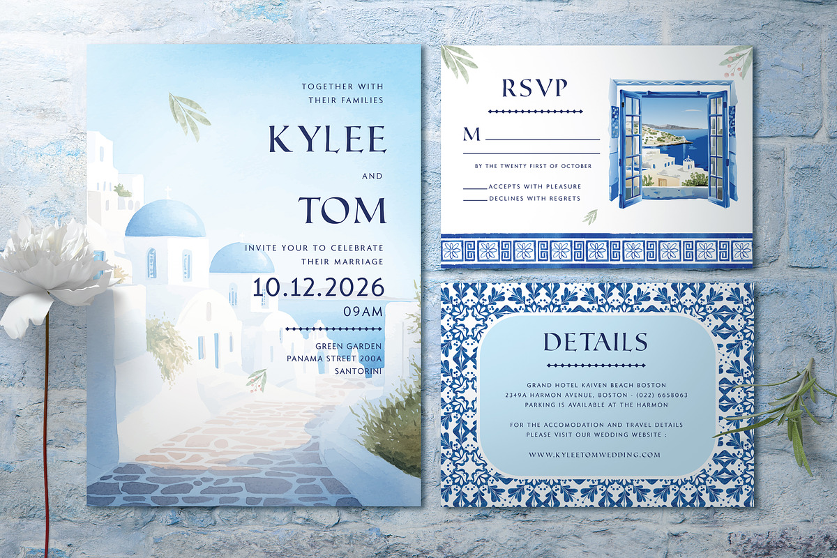 Santorini Wedding Invitation Set, a Print Template by Aarley Kaiven (Photo 1 of 4)