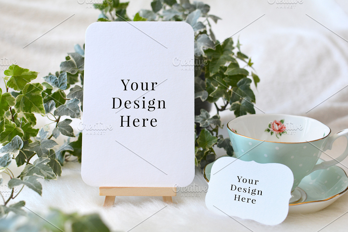2 Rounded Cards Ivy & Teacup Mockup, a Print Template by Barn Owl Studio