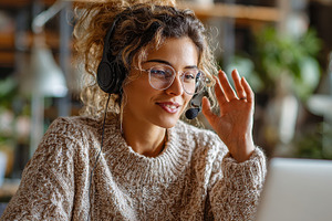 Woman with headset using laptop wavi, a Photo by Pixeness Studio