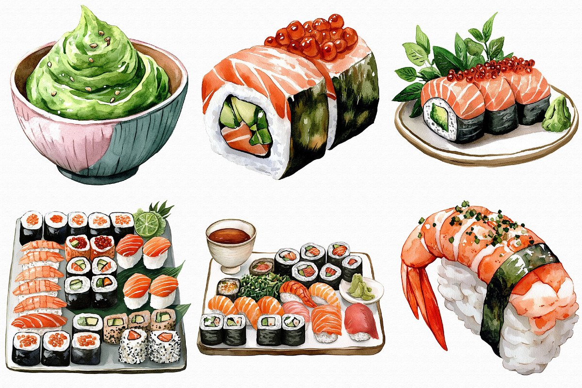 Watercolor Sushi Clipart Bundle, an Illustration by Libby Wishes (Photo 7 of 7)