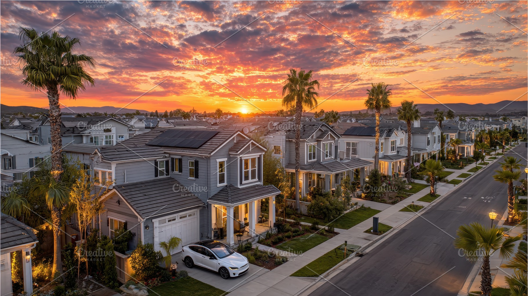 Sunset view of modern homes with sol, a Photo by Pixeness Studio