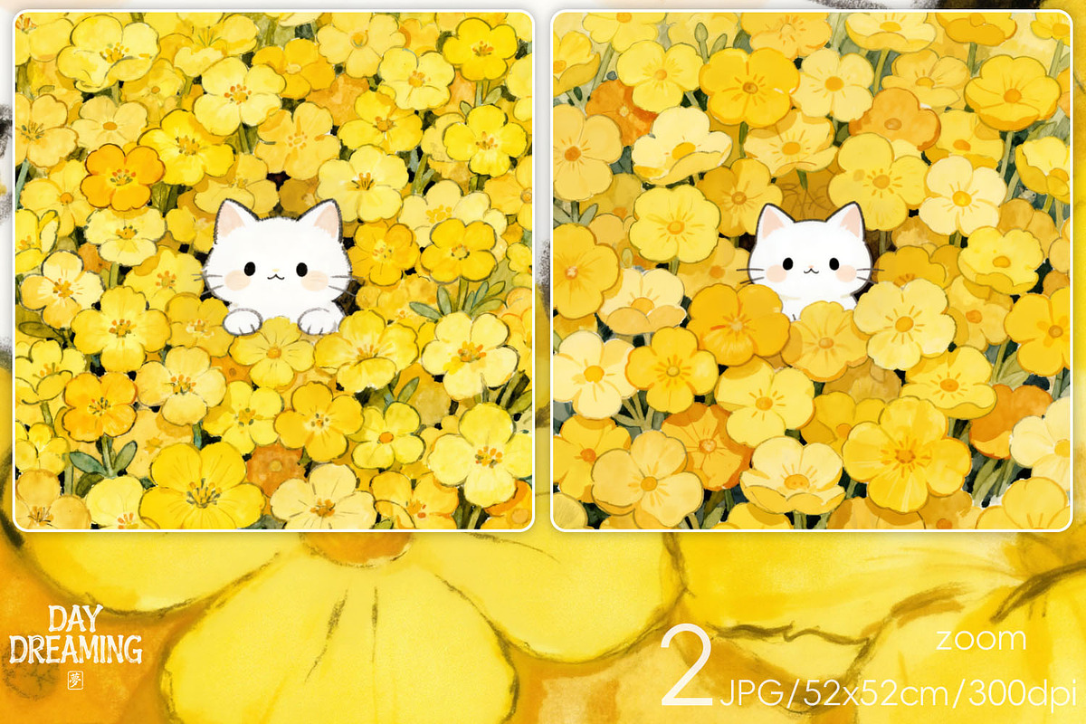 White Cat in Yellow Flower Field, an Animal Illustration by yahu88studio (Photo 1 of 3)