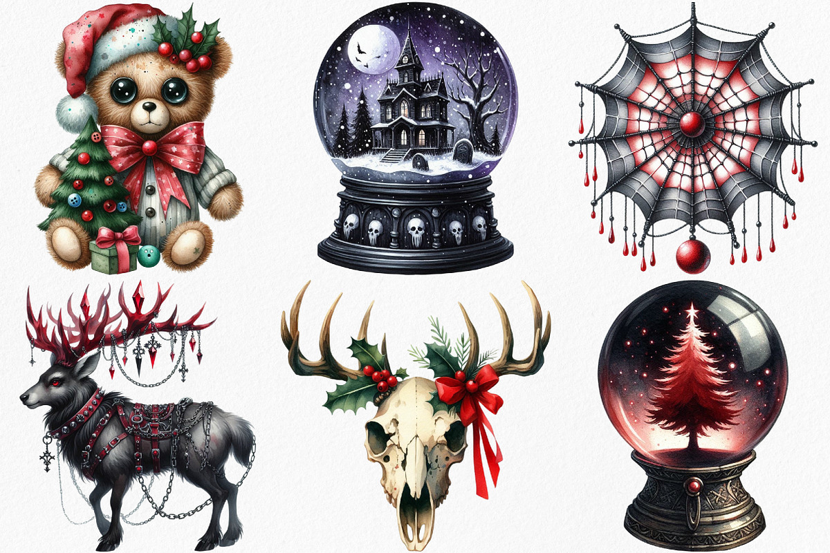 Watercolor Goth Christmas Clipart, an Illustration by Canvas Craft (Photo 3 of 8)