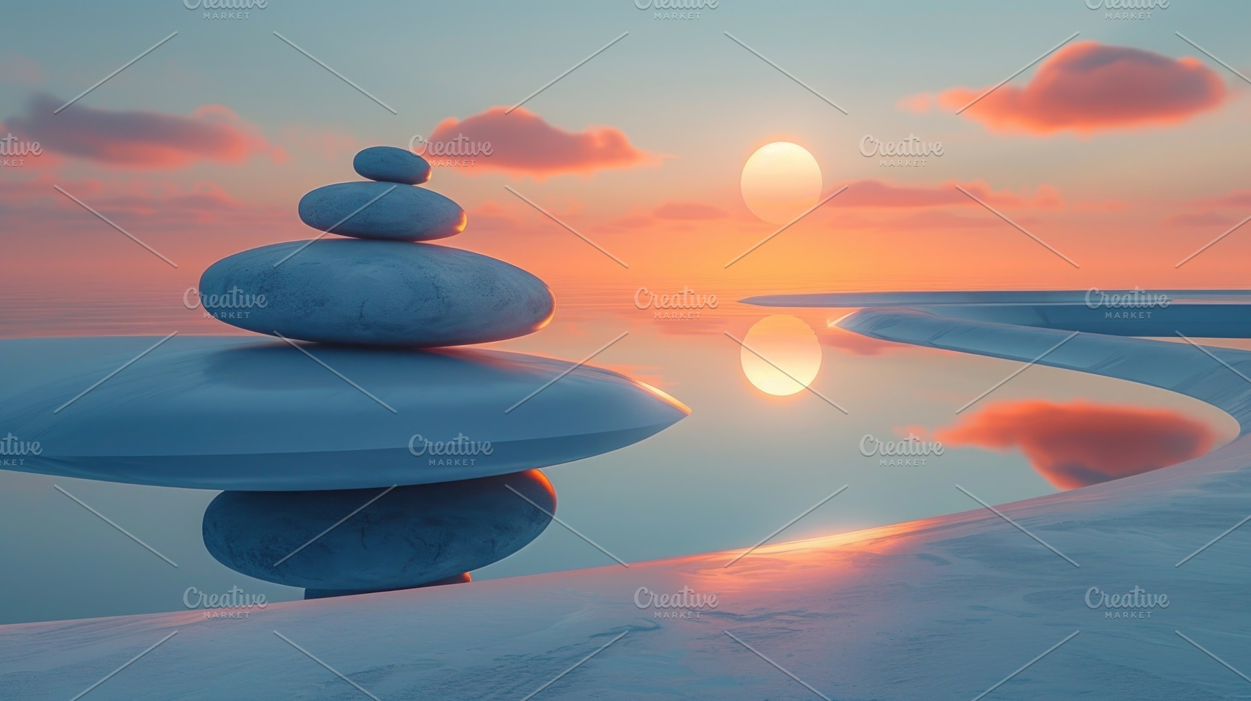 Zen Stones Balanced Over Reflective Water at Peaceful Sunset, a Background Photo by José Manuel Gelpi