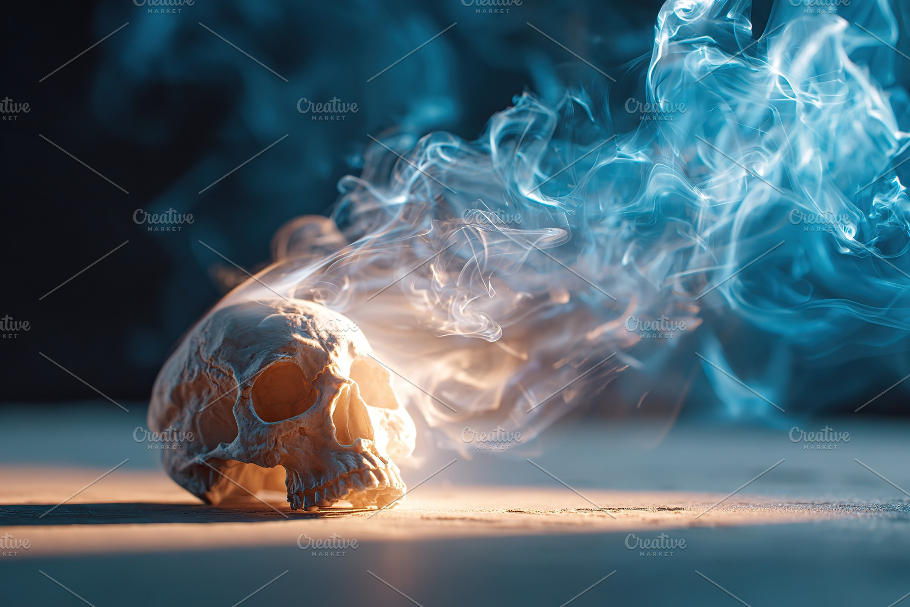 Mysterious skull with smoke swirling around it in a dimly lit setting, a Photo by AlyaAnd