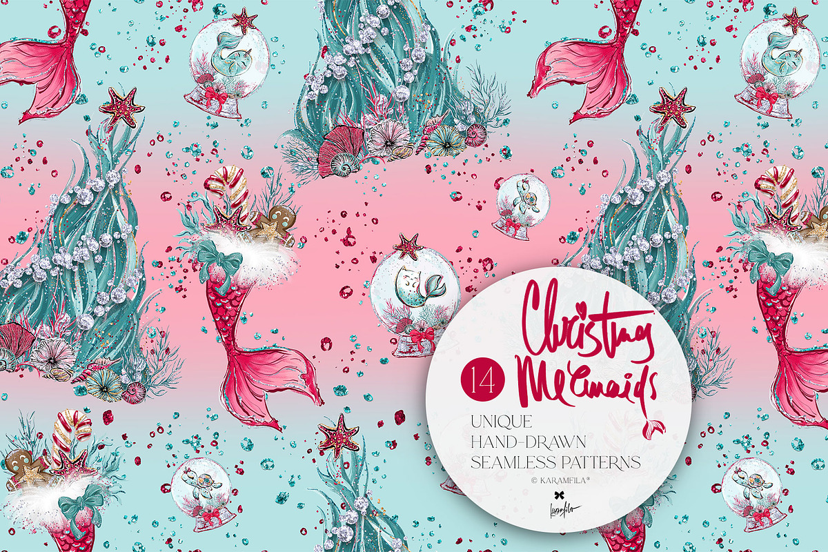 Christmas Mermaids Seamless Patterns, a Pattern Graphic by KaramfilaS (Photo 14 of 19)