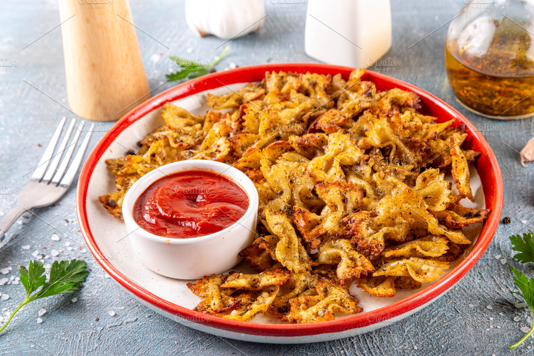 Air Fried Pasta Chips with Ketchup Sauce, a Food & Drink Photo by Rimma