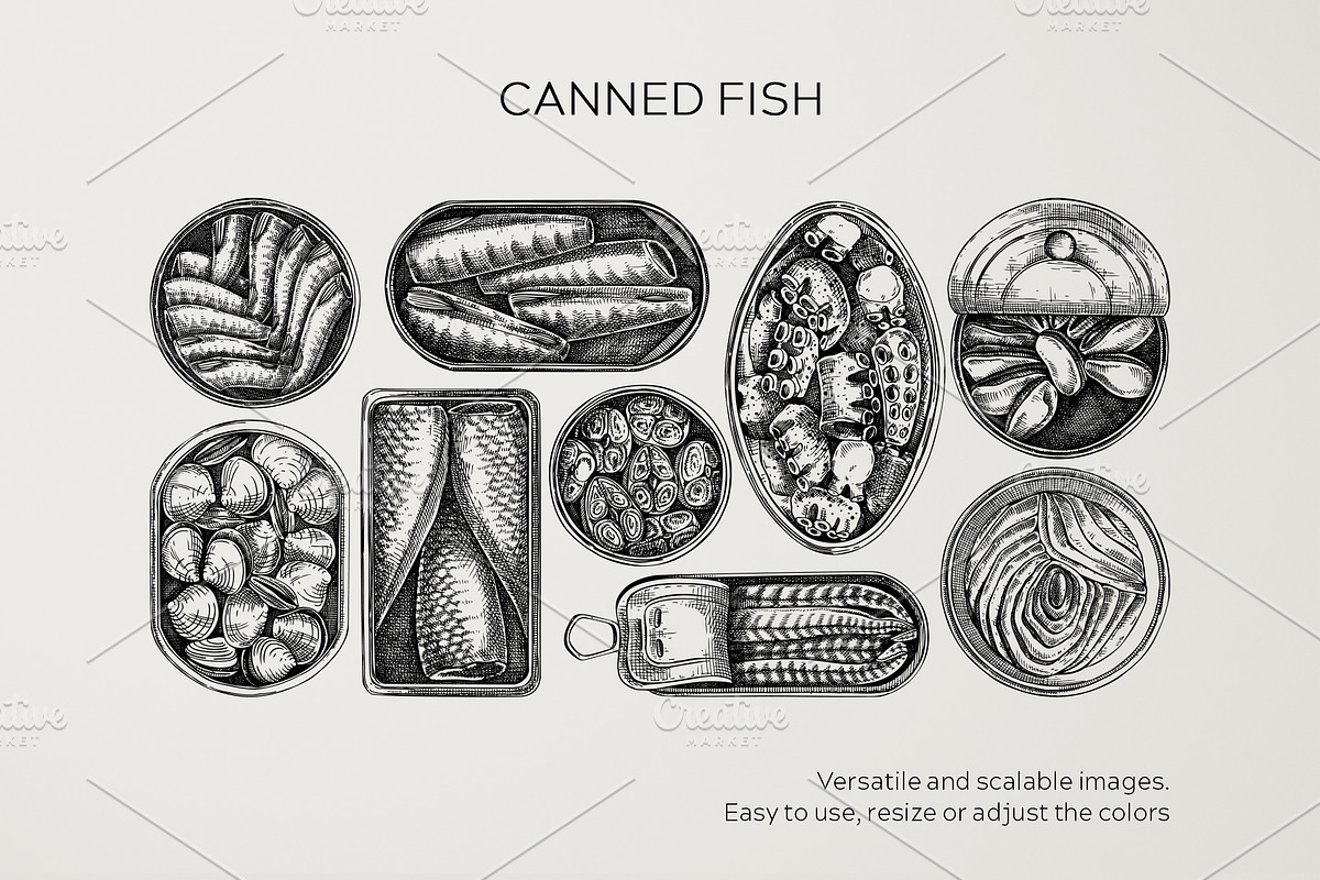 Tinned Fish & Seafood Vector Set, a Food Illustration by Yevheniia (Photo 4 of 14)