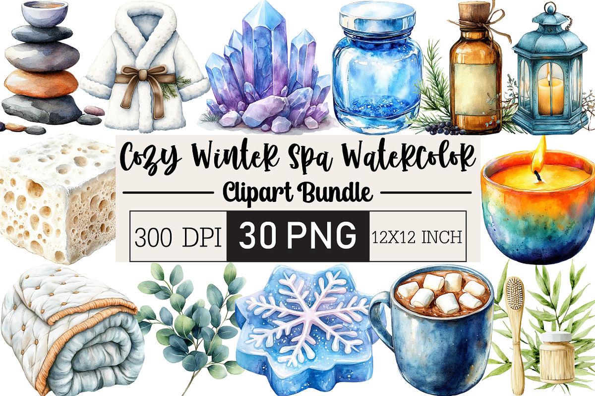 Cozy Winter Spa Watercolor Clipart, an Illustration by Black Bird Studio (Photo 1 of 6)
