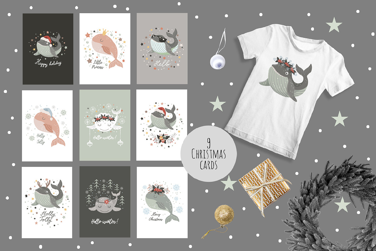 Christmas whale clipart and patterns, an Object Graphic by KupalinaArt (Photo 3 of 6)
