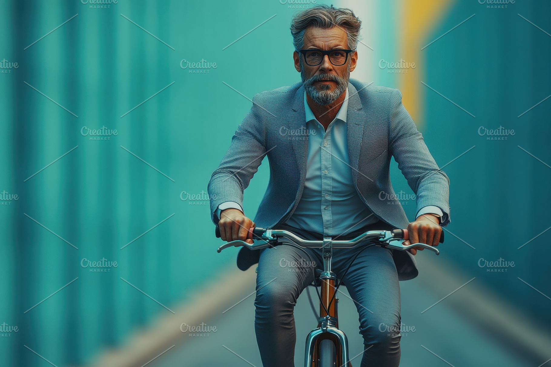 Stylish man rides a bicycle through, a Photo by Tanuart