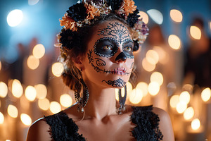 Celebration of life and death in a vibrant Day of the Dead gathering at night, a Holiday Photo by AlyaAnd