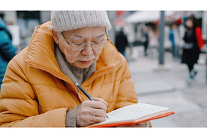 Asian elderly man writing in a, a Nature Photo by Sergey Kotenev