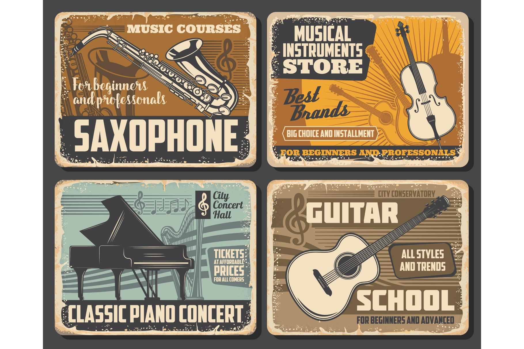 Saxophone, Guitar, Piano And Violin by Vector Tradition | Creative Market