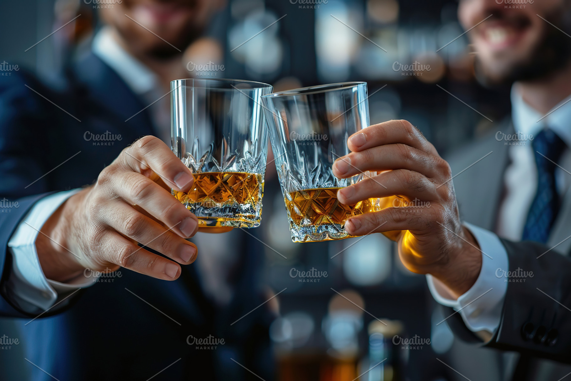 Businessmen clinking glasses of whiskey, a Food & Drink Photo by AlyaAnd