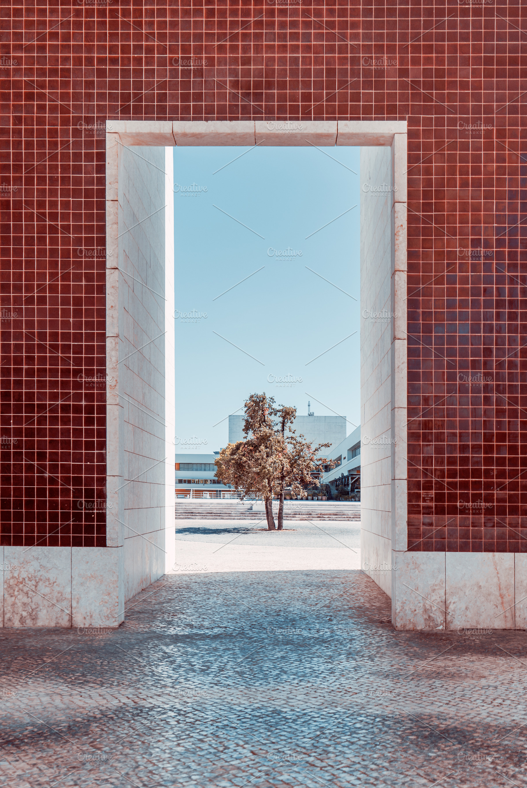 Red Tiled Portal Framing a Lone Tree, an Architecture Photo by SkyNext