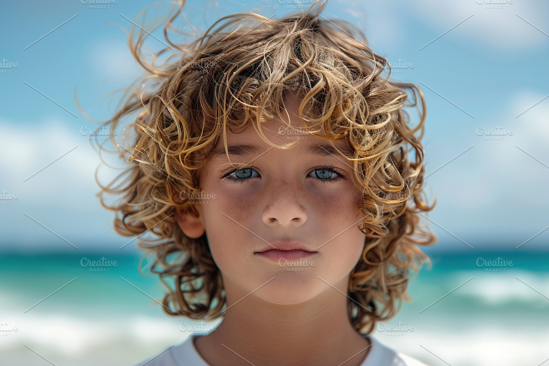 Cute little boy with curly hair on blurred ocean background, a Person Photo by AlyaAnd