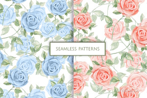 Blue & Pink Watercolor Roses Pattern