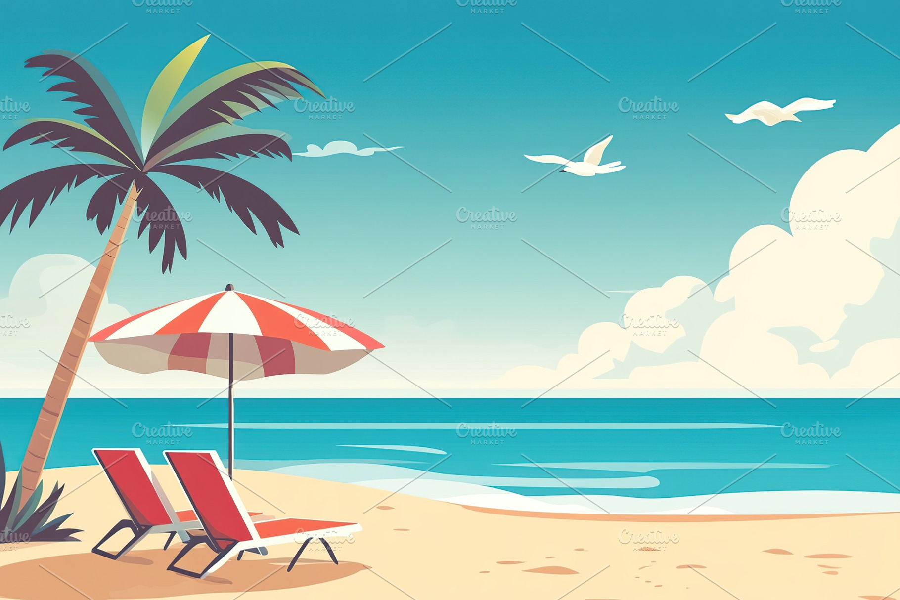 Relaxing beach view with loungers and palm trees under a clear sky near the oce, a Nature Photo by AlyaAnd