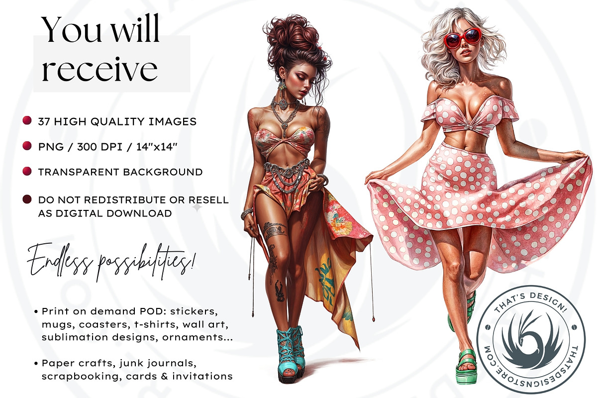 Rockabilly Summer Girls Clipart Set, a Person Illustration by ThatsDesignArt (Photo 2 of 10)