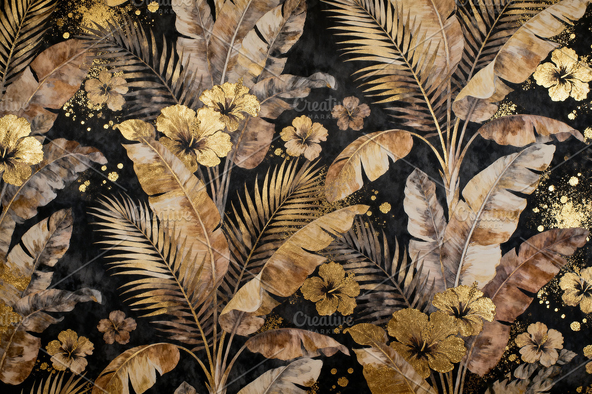 Opulent Golden Botanical Wallpaper, a Decorative Illustration by Virgo Studio