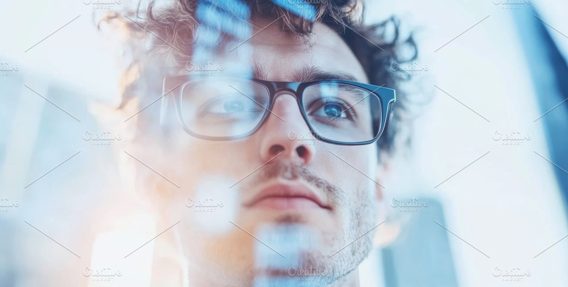 Young man with glasses looking up, s, a Photo by Dvoevnore photos