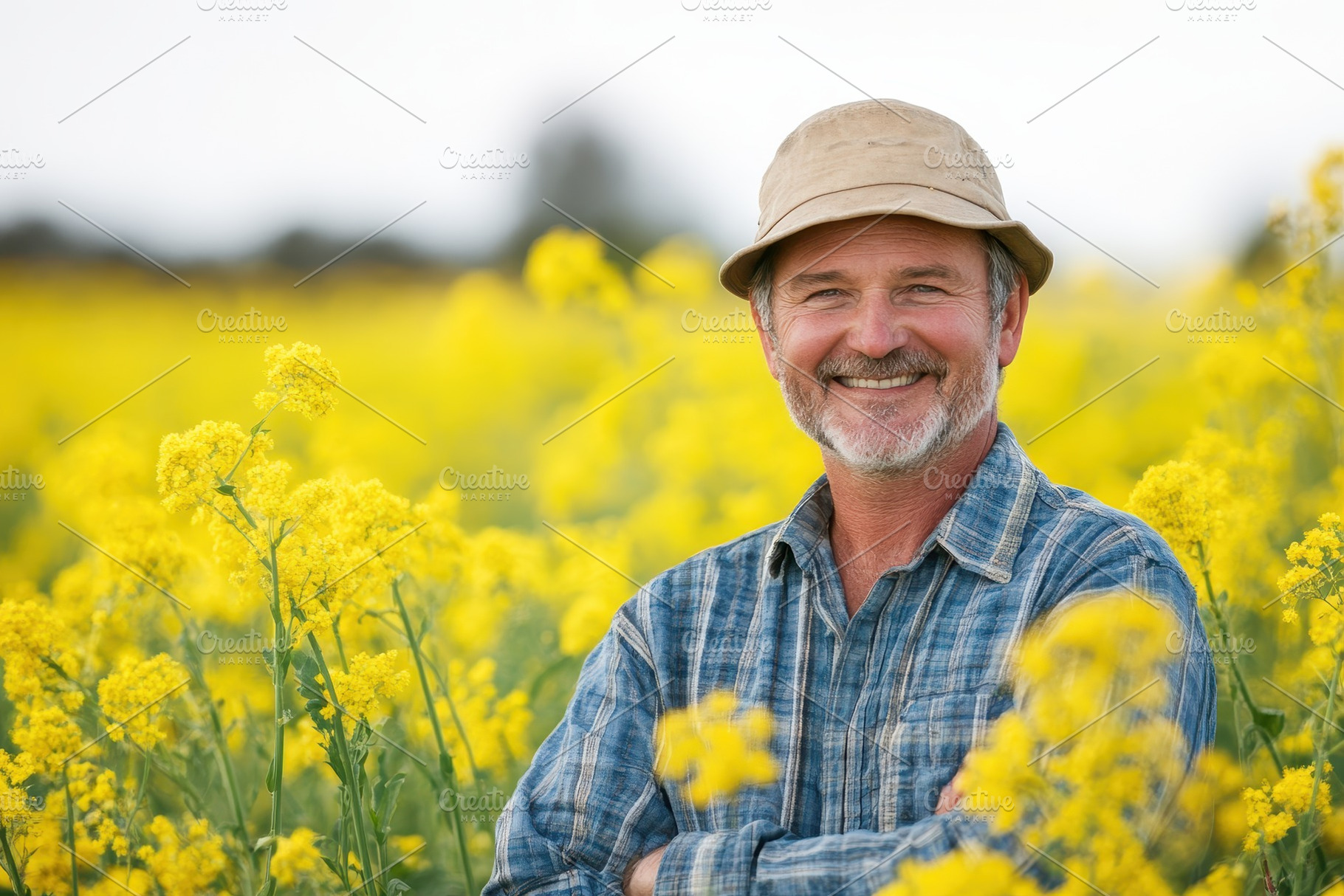 Proud canola farmer stands, a Photo by Pavel_design