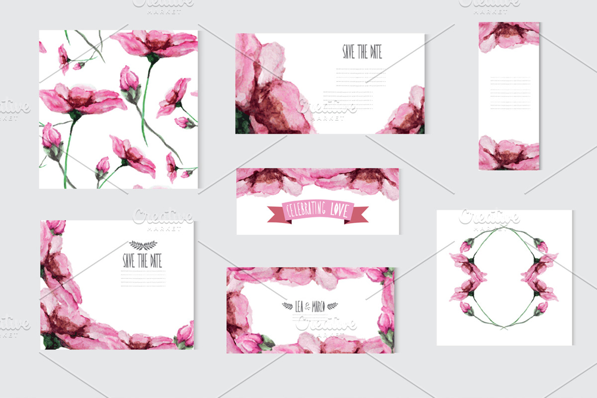 Watercolor Pink Floral Cards, a Card Template by Sunset&Sea Design (Photo 1 of 2)