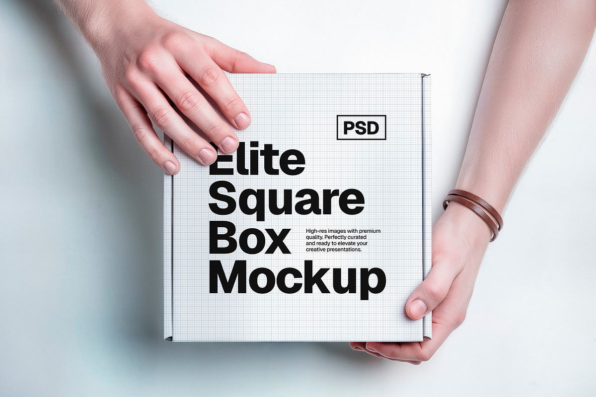 Square Box Packaging Mockup & Hands, a Packaging Mockup by Elite Mockups (Photo 2 of 8)