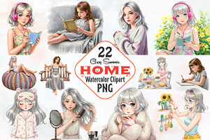 Gray Summer Home Watercolor Cliparts, an Illustration by RobertsArt