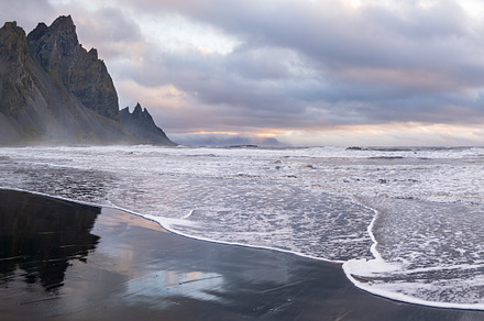 Sunrise Stokksnes cape sea beach and Vestrahorn Mountain with it, a Nature Photo by YuriyB