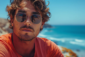 A young Hispanic man with curly hair poses thoughtfully by the beach, showcasin, a Person Photo by ImageMir