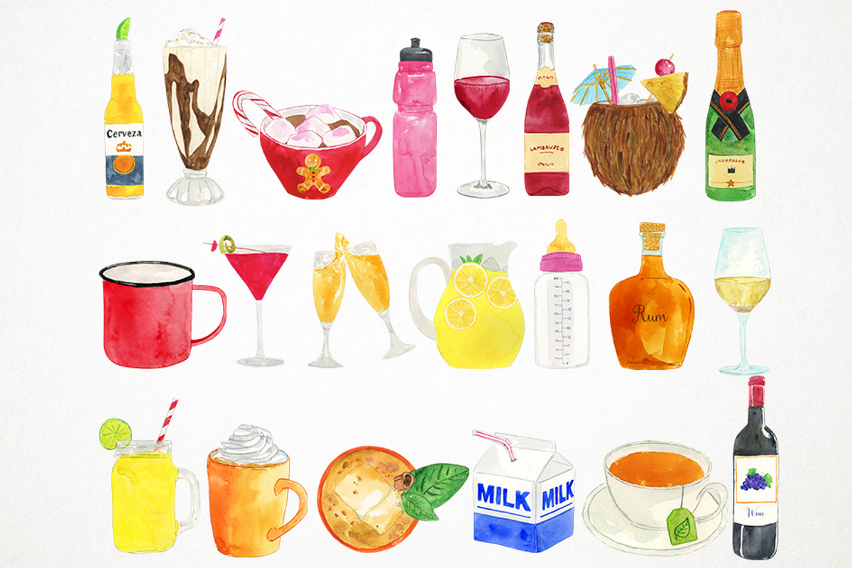 Watercolor Drinks & Beverage Clipart, a Food Illustration by Paulaparaula