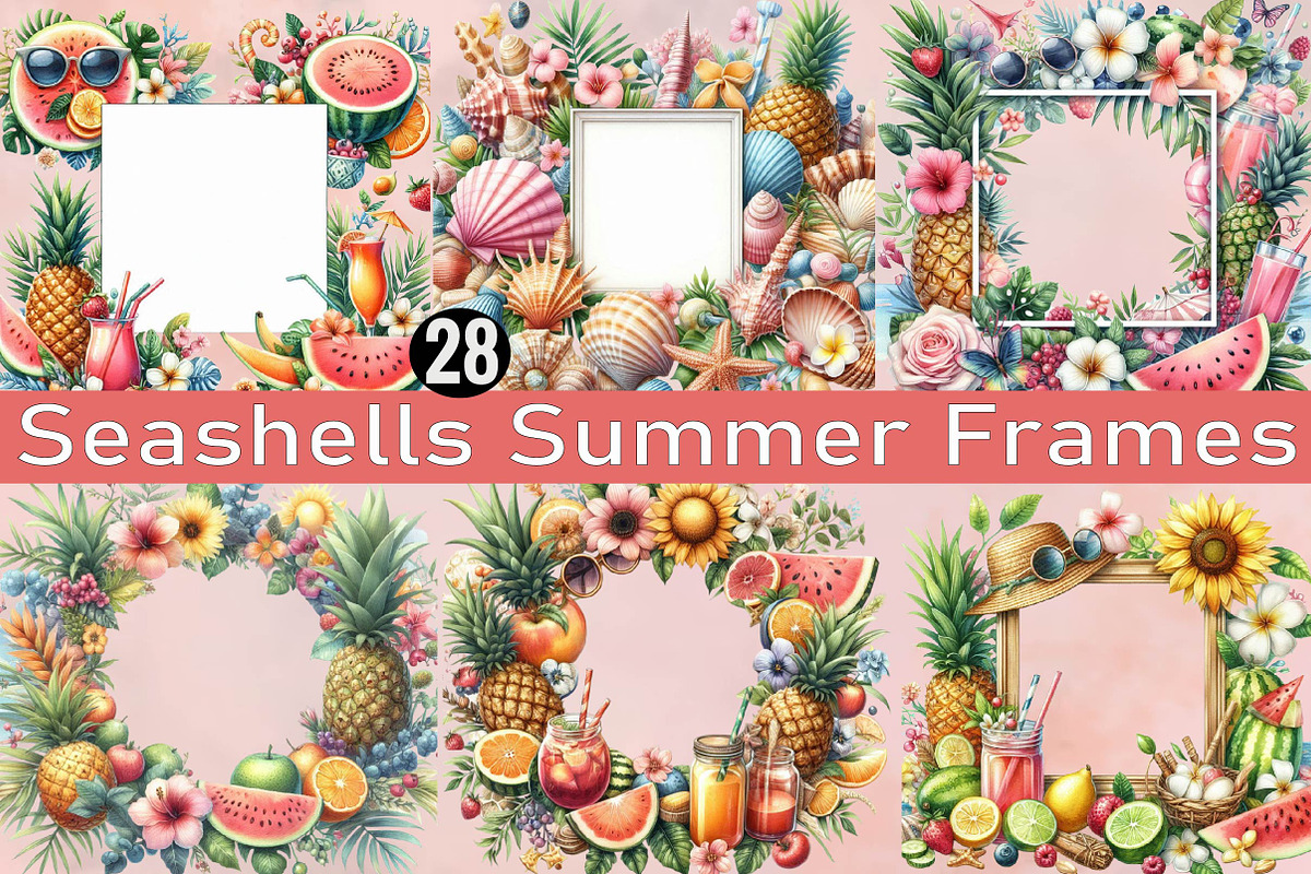 Seashells Watercolor Summer Frames S, an Illustration by SVGArt (Photo 1 of 8)