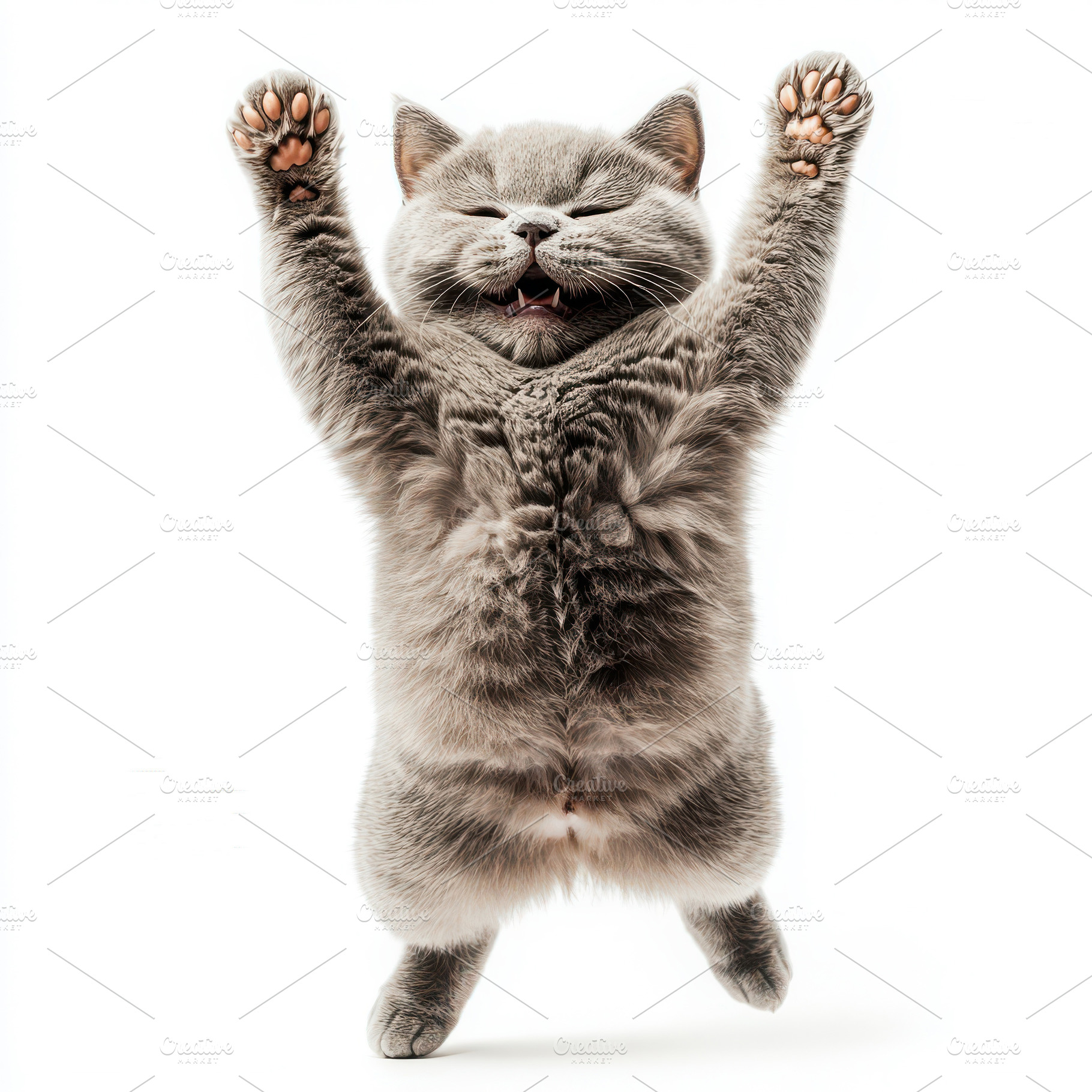 Playful Grey Cat Jumping Paws Up Hap, an Animal Photo by Pixeness