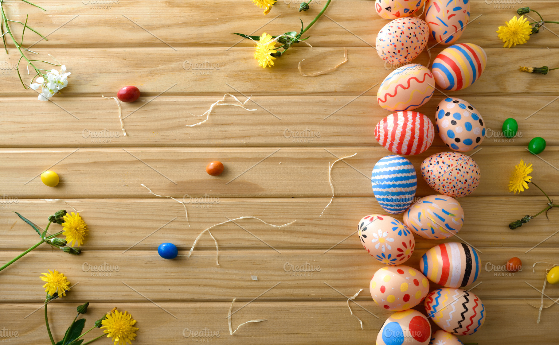Flat Lay of Painted Easter Eggs Border, a Holiday Photo by Davizro's Market