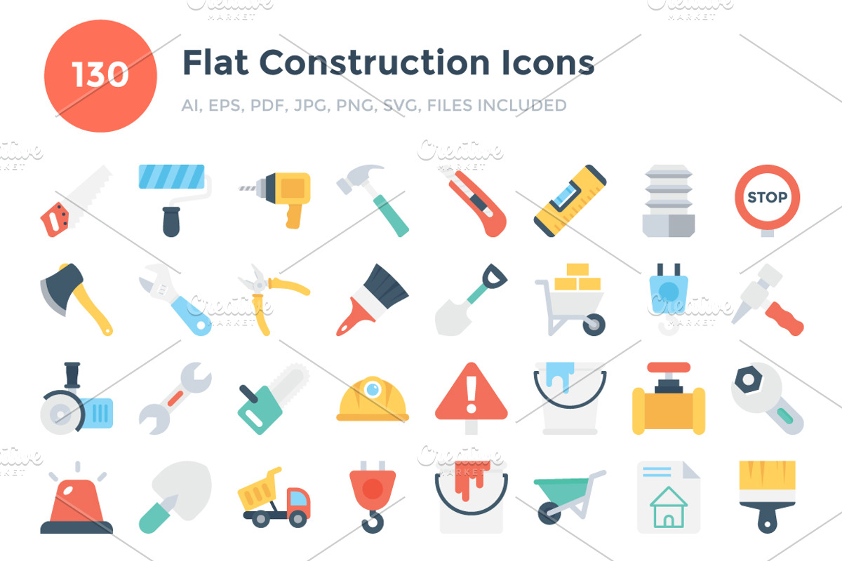 130 Flat Construction Icons, an Icon by Vectors Market