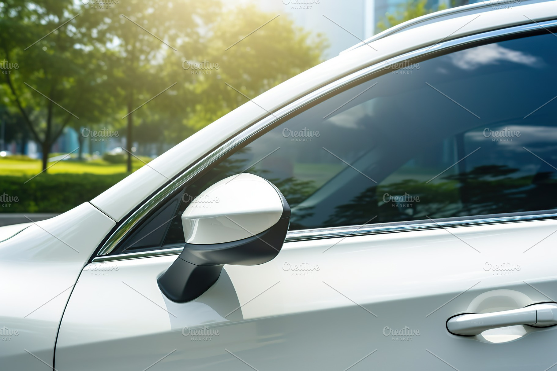 Closeup photo of a new white modern car, a Transportation Photo by AlyaAnd