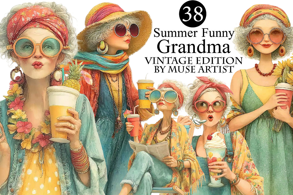 Summer Funny Grandma Clipart, an Illustration by DreamArtGraphic (Photo 1 of 8)