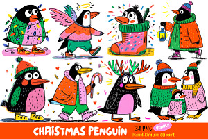 Hand-Drawn Christmas Penguin Clipart, an Illustration by Dream Creation