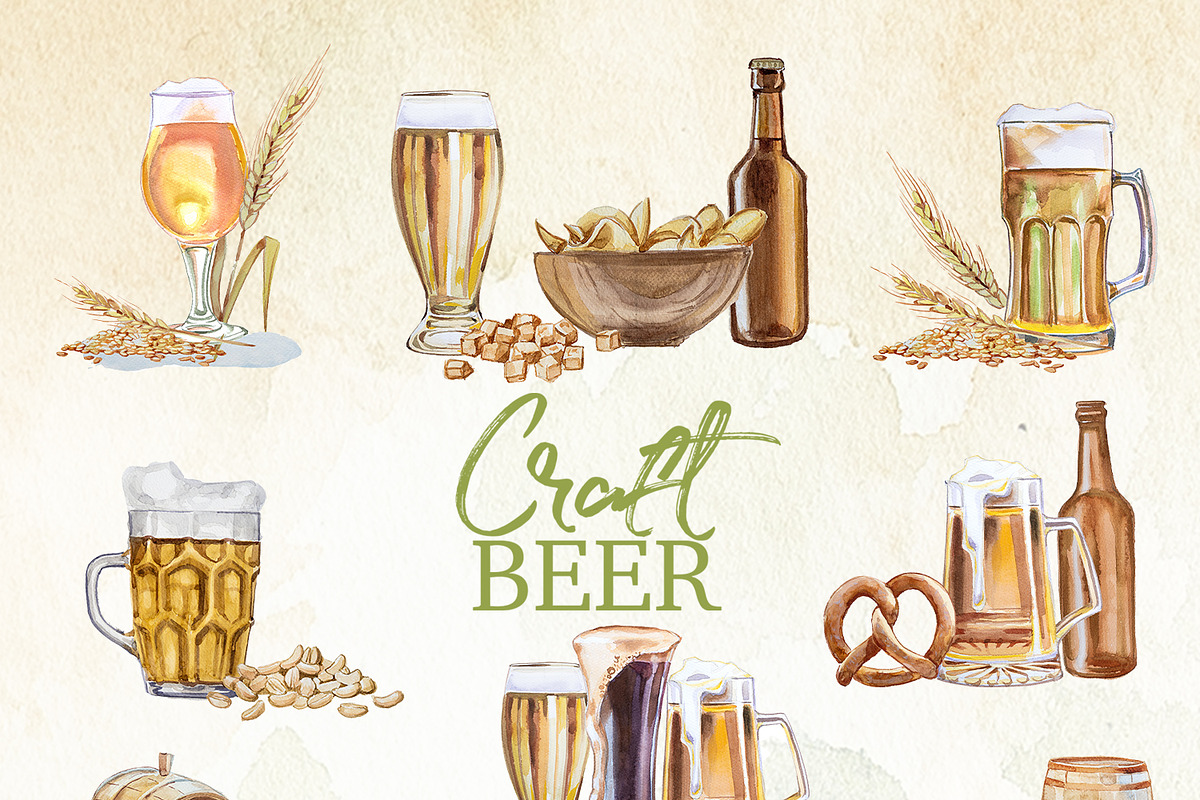 Hand Painted Craft Beer Clipart, a Food Illustration by ArtCreationsDesign (Photo 2 of 9)
