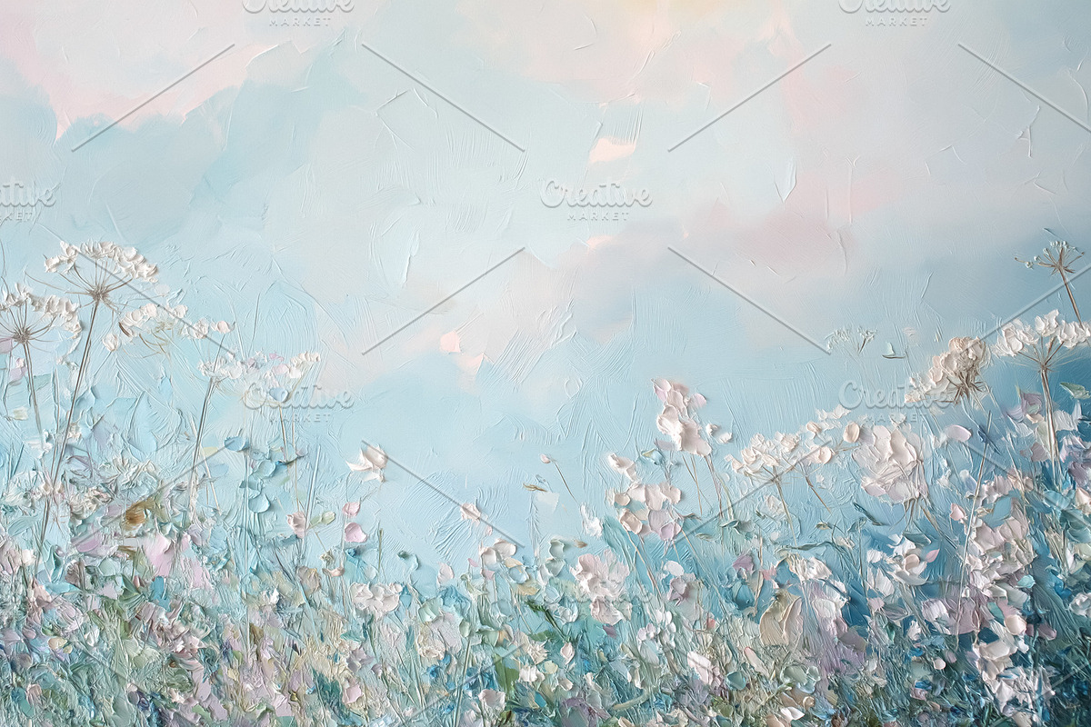 Impressionistic fine art painting depicting delicate white and pastel wildflowe, a Seasonal Illustration by Studio ANNA